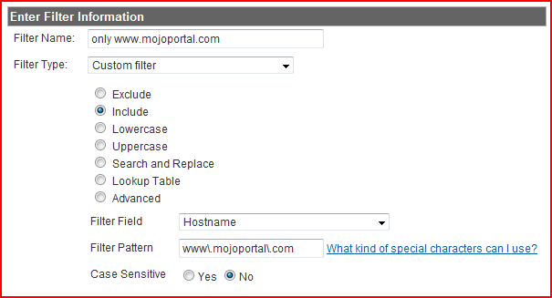 google analytics host name filter configuration screen shot