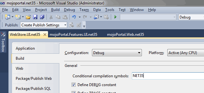 screen shot of conditional compilation symbols