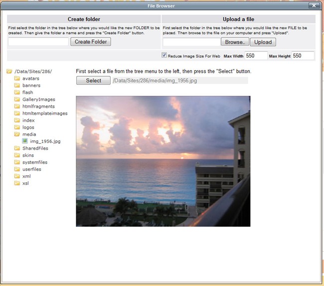 screen shot of our TinyMCE file browser