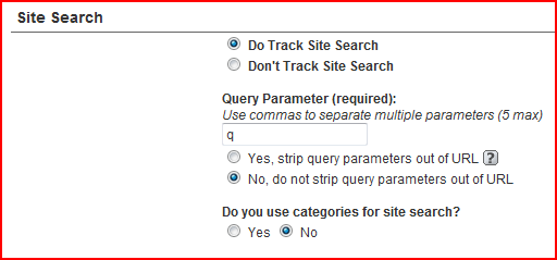 google analytics search configuration, add a q as the query parameter for search