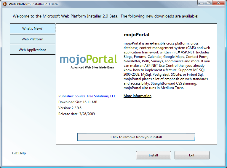 screen shot of mojoPortal in the Platform Installer