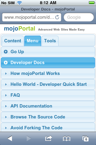 mojoportal.com showing the menu in Mobile Kit Pro