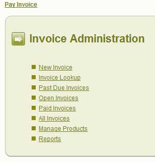 screen shot of Web Invoice Pro administration menu