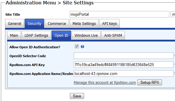 screen shot of site settings showing the rpx settings