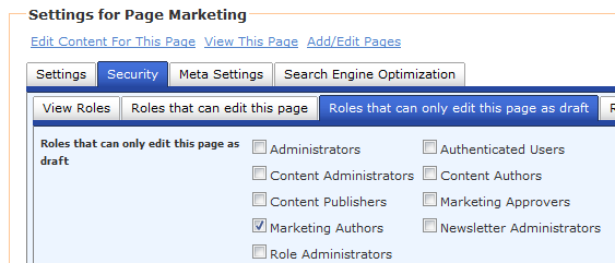 screen shot of draft edit roles in page settings