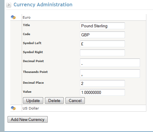 screen shot of currency administration