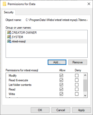 screen shot showing proper data folder permissions