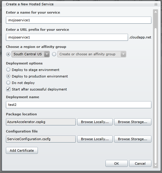 Create hosted service dialog screen shot 2
