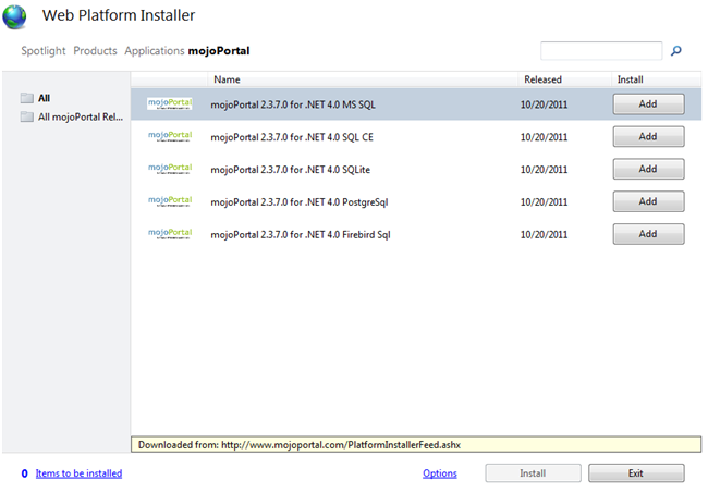 screen shot showing packages available in the mojoportal product feed