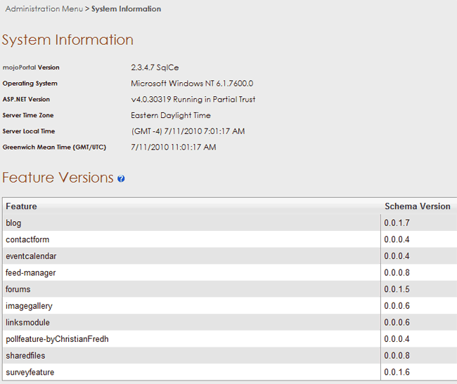 Screen shot of mojoportal system information showing SQL CE