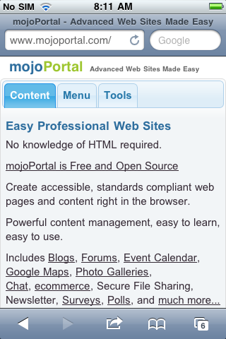 mojoPortal.com shown in Mobile Kit Pro