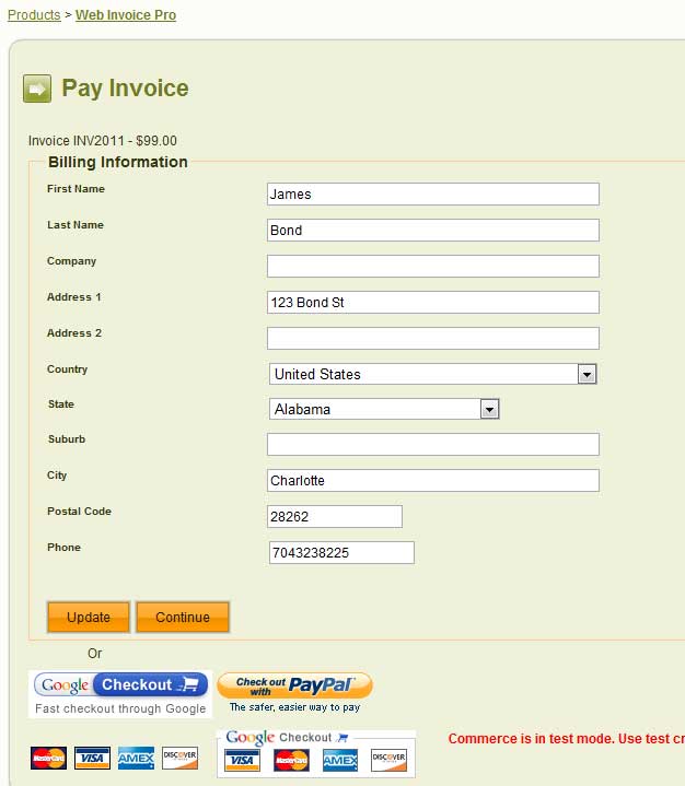 screen shot of landing page where user pays the invoice