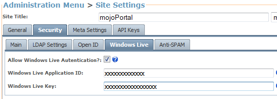 screen shot of windows live id settings in mojoportal