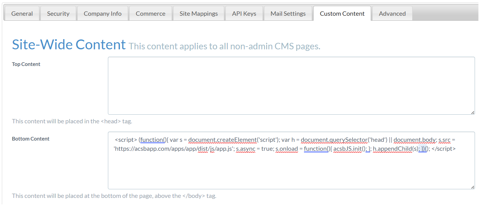 Site Settings Custom Content Tab