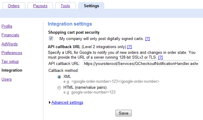 screen shot of the integration settings section in the merchant google checkout system