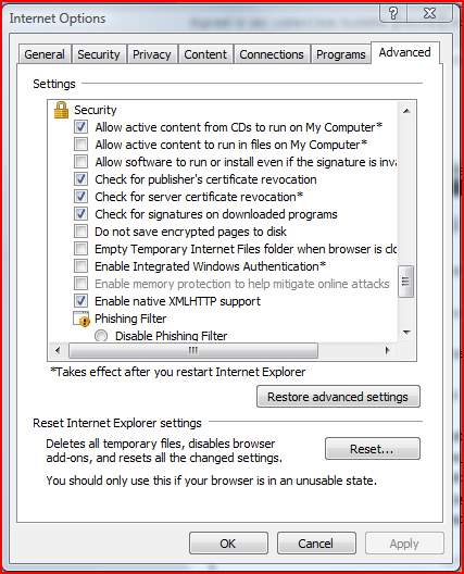 screen shot of IE settings