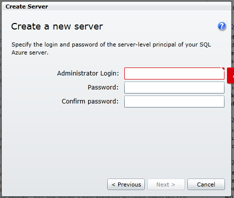 create sqlazure server 3 define admin credentials
