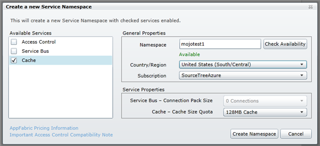 Create New Service Namespace dialog