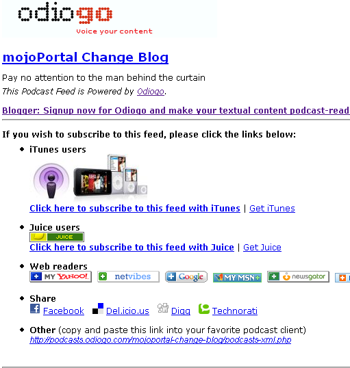 Odiogo Podcast Page Screen shot