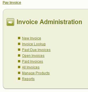 screen shot on Web Invoice Pro administration menu