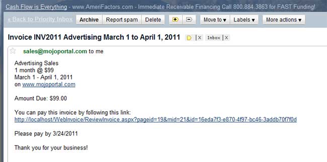 screen shot of an actual invoice email message showing the link for payment