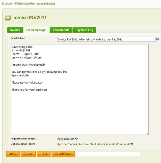 screen shot of the second tab where you edit the email message for an invoice