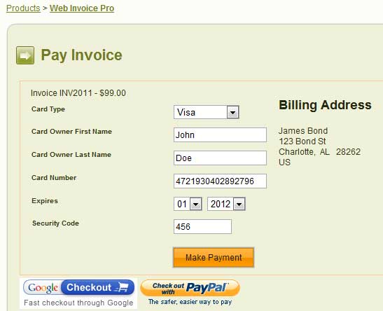 screen shot of the payment screen when using Authorize.NET